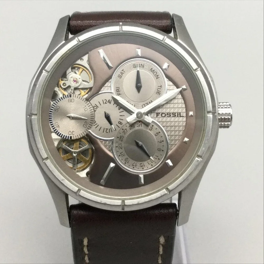 Fossil Twist Mens Watch 42mm Brown Skeleton Dial Leather Automatic Multifunction